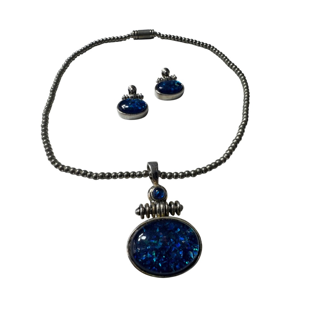 Artisan Blue Opal Look Pendant Necklace & Earrings Set Silver Tone